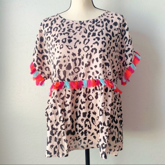 Leopard Babydoll Top with Multicolor Tassels - Picture 4 of 6
